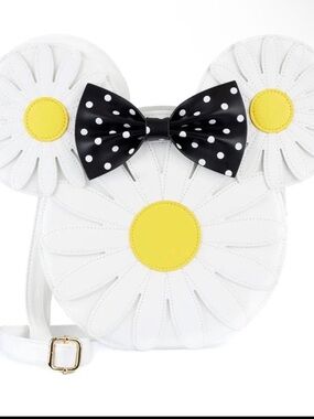 Loungefly White Daisy Crossbody Bag with Yellow Centers and Black Polka Dot Bow